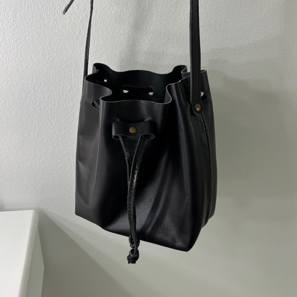 Black Leather Raw edge Bucket Bag